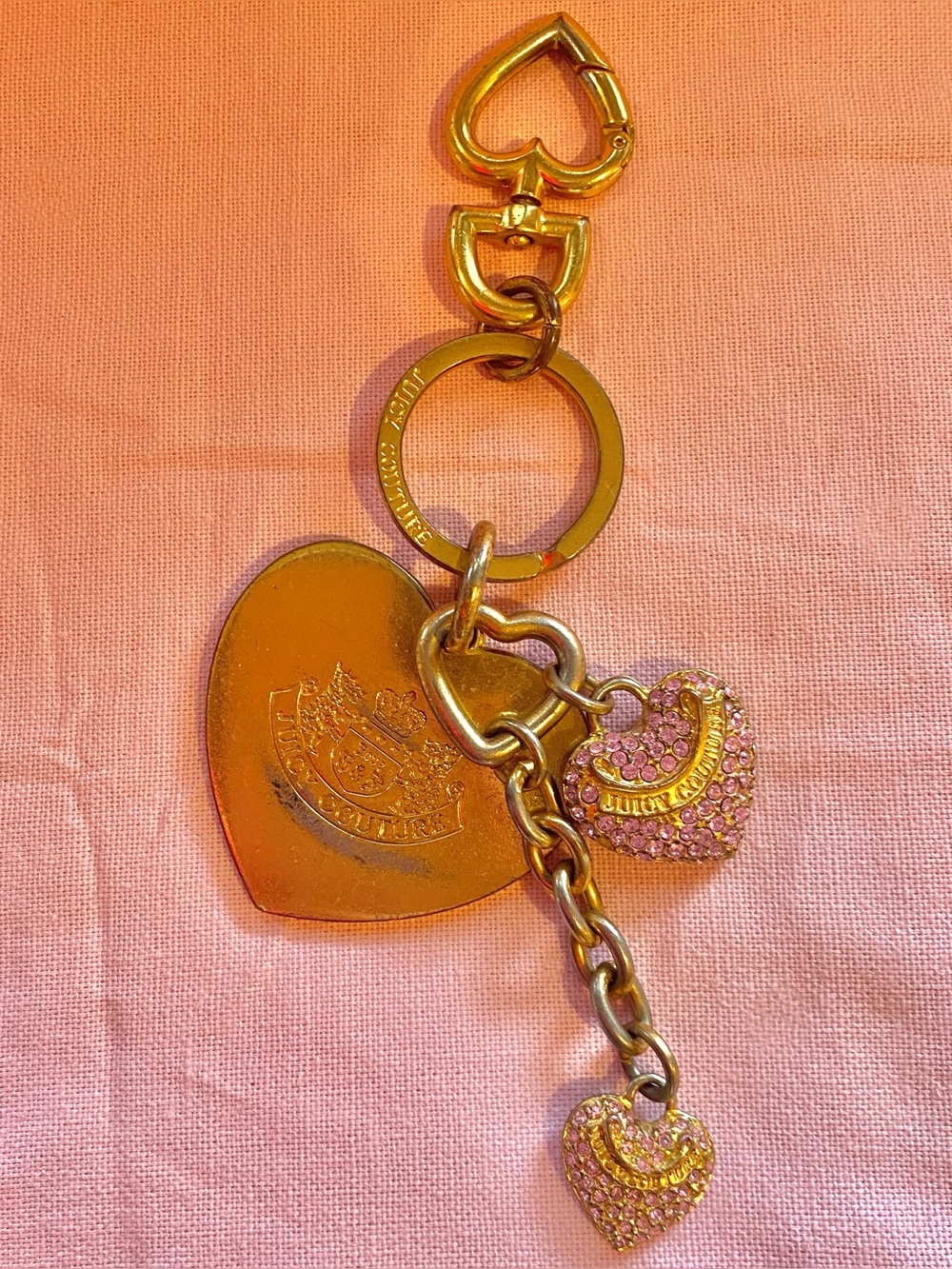 Vintage Juicy Couture Gold Charm Big Heart Pink Rhinestone Dangle Keychain Y2K